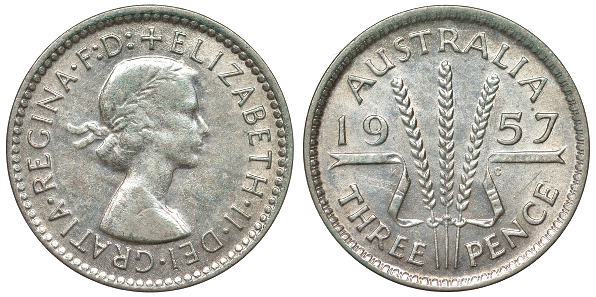 Австралия 3 пенса 1957 m, Елизавета II (1952-2022) KM 57 серебро 71-522