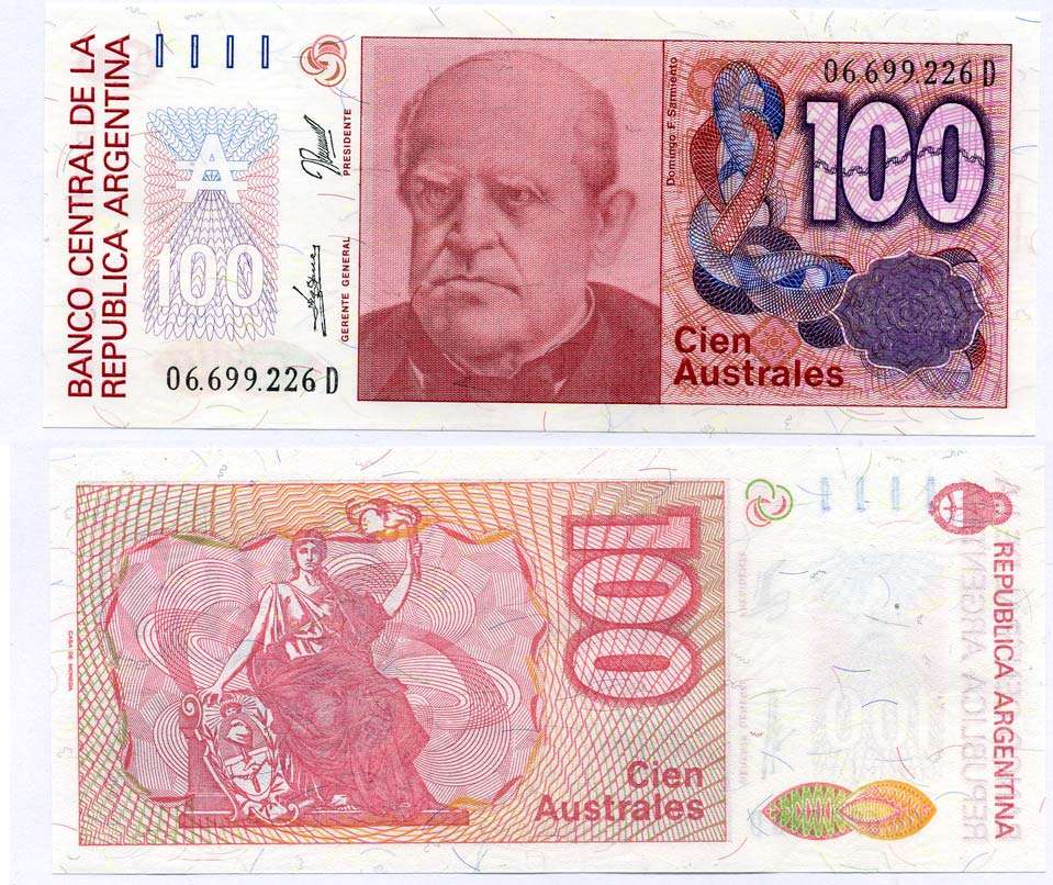 Аргентина 100 аустралей 1990 СЕРИЯ D66992, Фаустино Сармьенто, Аргентинский военный деятель, масон Pick 327с бумага UNC (ПРЕСС) 6262-38-3-2