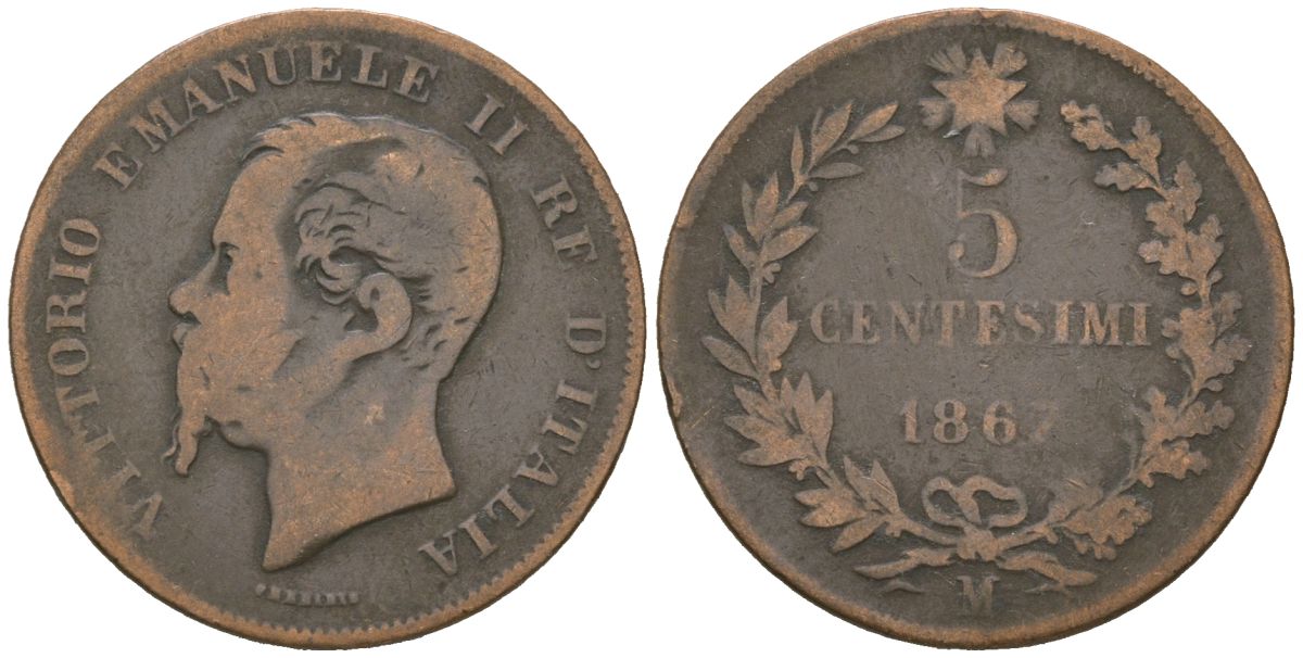 Италия 5 чентезимо 1867 M, Виктор Эммануил II (1861-1878) KM 3.2 бронза 113-242