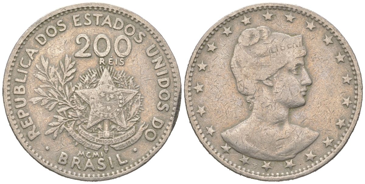 Бразилия 200 реалов 1901 MCMI, голова свободы вправо KM 504 медно-никель 4612-353