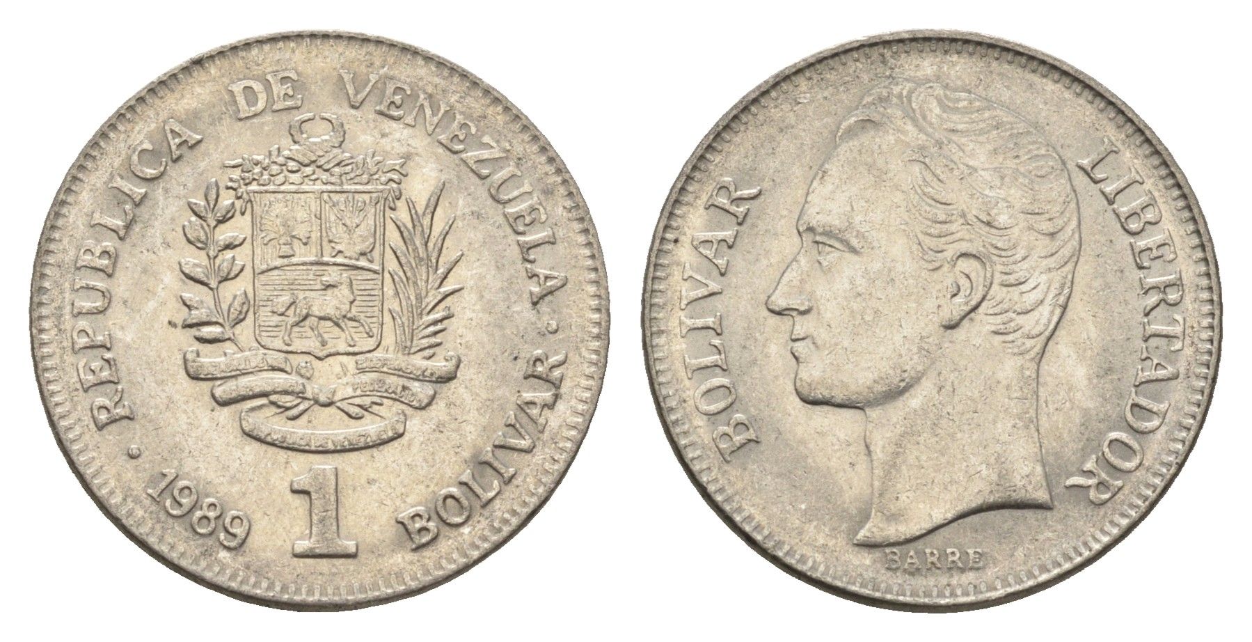 Венесуэла 1 боливар 1989 Симон Боливар, тонкий шрифт Y 52a.1 сталь плакированная никелем 4662-837