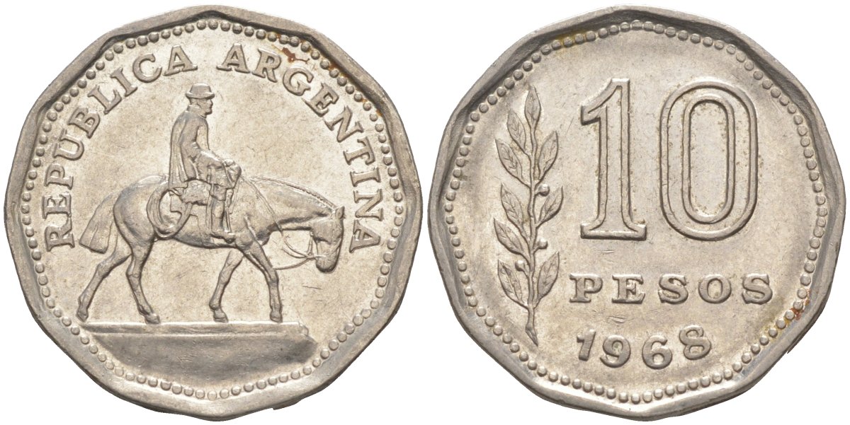 Аргентина 10 песо 1968 Гаучо KM 60 никелированная сталь 219-1236