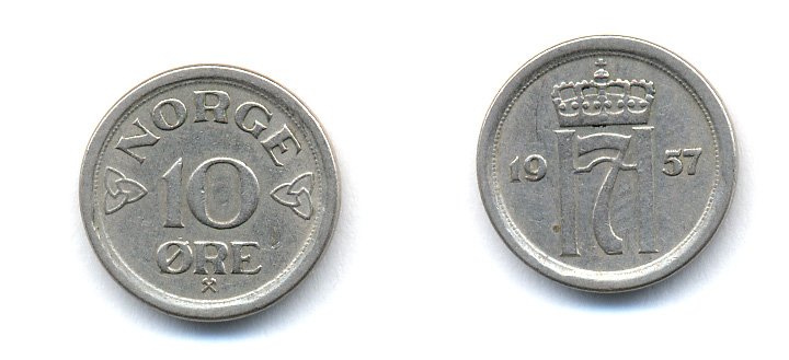 НОРВЕГИЯ 10 ЭРЕ 1957 KM 396 медно-никель 51-5215