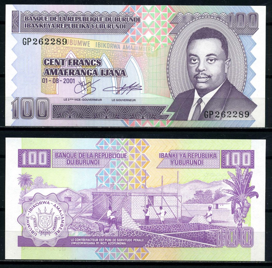 Бурунди 100 франков 2001 Кронпринц Луи Рвагасоре, строительство дома Pick 37 c бумага UNC (пресс) 6317-35-3-2