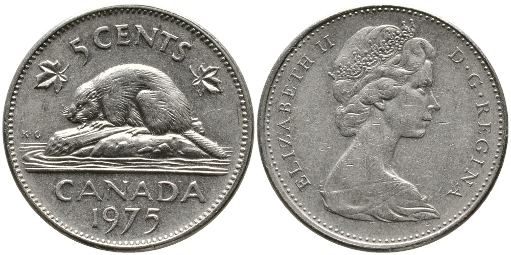Канада 5 центов 1975 Елизавета II (1952-2022), бобр KM 60.1 никель 4543-644