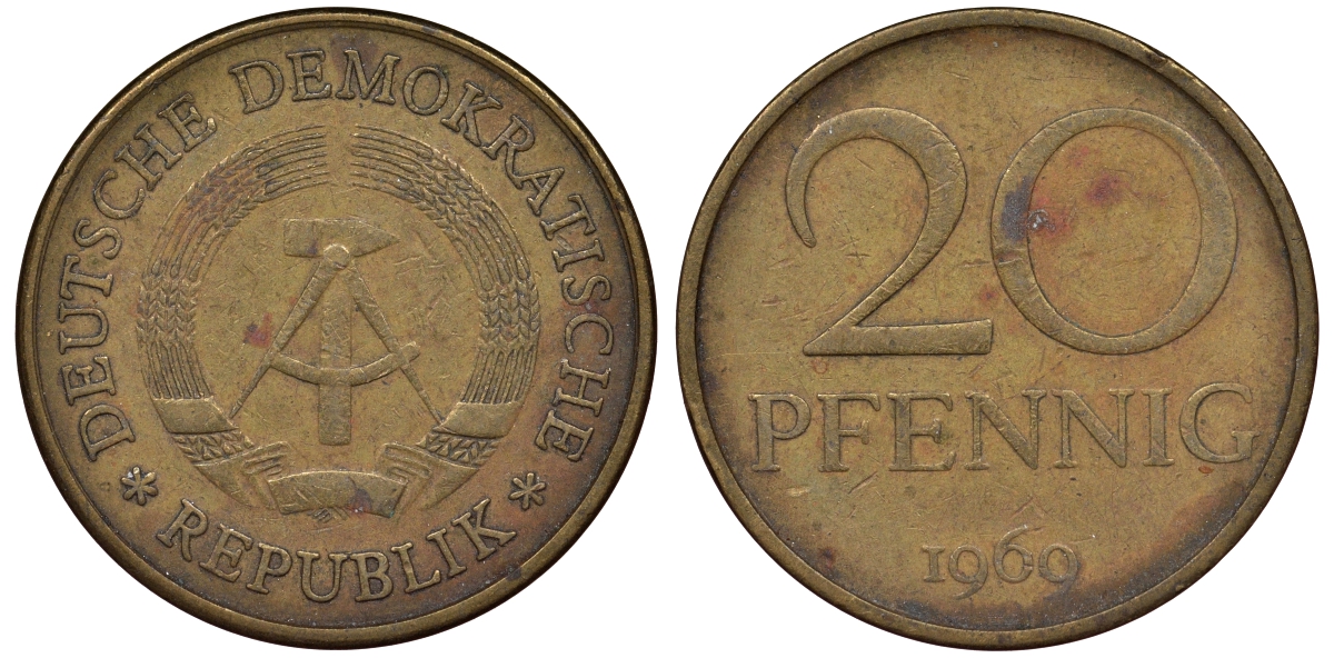 ГДР 20 пфеннигов 1969 А, первый год KM 11 латунь 62-943