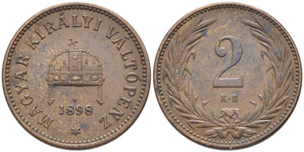 Венгрия 2 филлера 1898 KB, Франц Иосиф I (1848-1916) KM 481 бронза 112-511