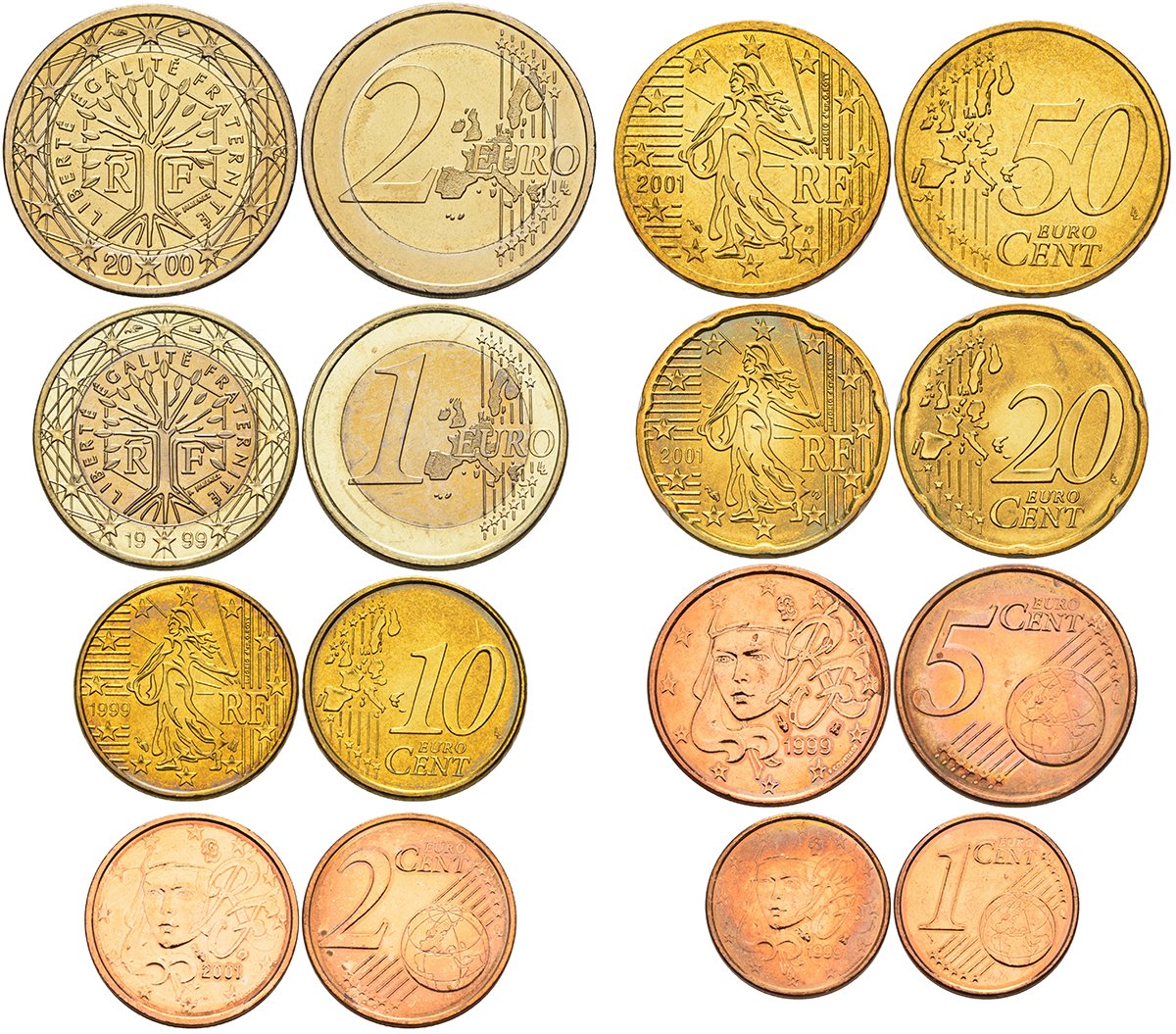Франция евронабор из 8 монет 1999-2001 монеты в капсулах 1-4-3-37