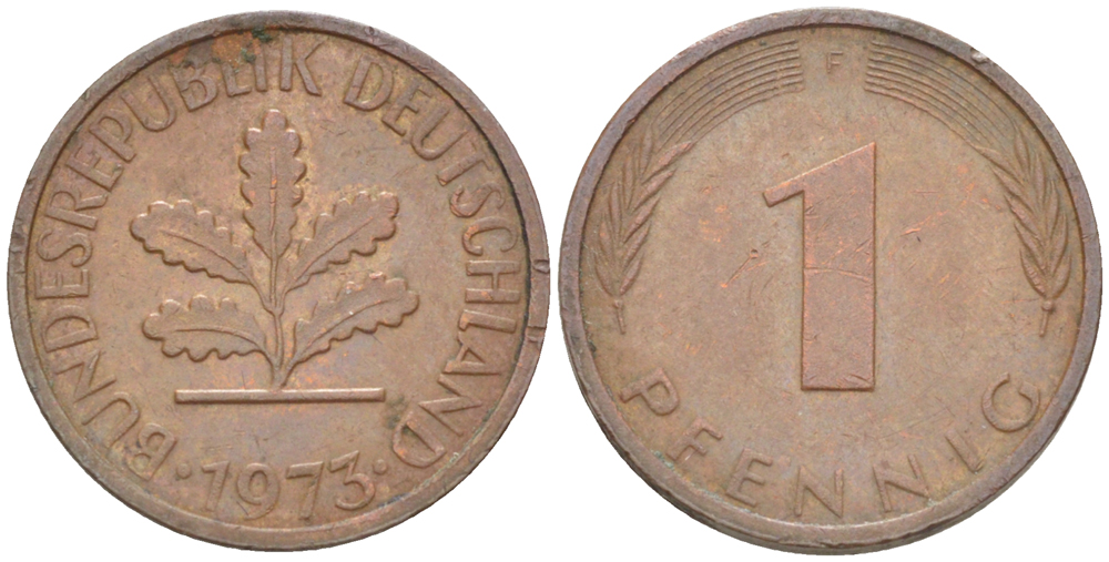 ФРГ 1 ПФЕННИГ 1973 F KM 105, J. 380 сталь плакированная медью 4181-568