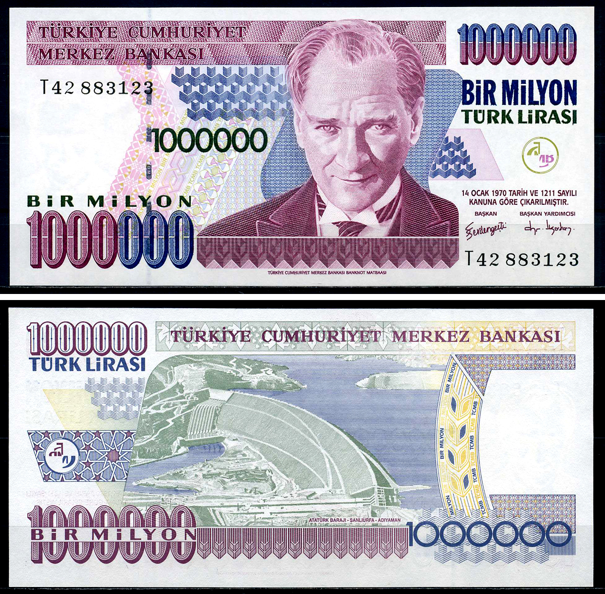 Турция 1000000 лир 2002 водяной знак Ататюрк, тип 1 Pick 213(2) бумага UNC (пресс) 446-128-2