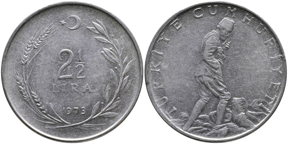 ТУРЦИЯ 2 1/2 ЛИРЫ 1973 KM 893.2 нержавеющая сталь 29-631