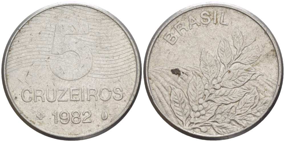 БРАЗИЛИЯ 5 КРУЗЕЙРО 1982 РЕФОРМА 1967-1985, КОФЕ KM 591 нержавеющая сталь 4385-527