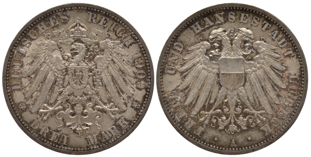 Любек 3 марки 1909 А, Weege 82, J. 82, KM 215 серебро UNC 00-806-31