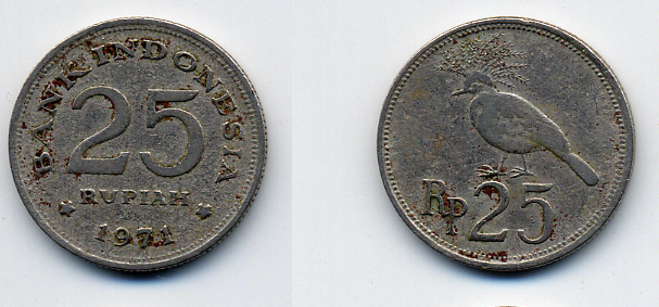 Индонезия 25 рупий 1971 венценосный голубь KM 34 медно-никель 54-1631