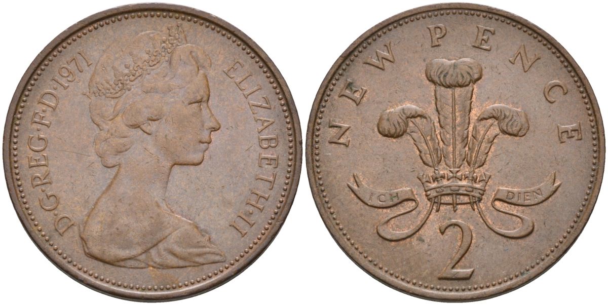 Великобритания 2 пенса 1971 Елизавета II (1952-2022) KM 916, Spink 4235 (C1) бронза 4116-733