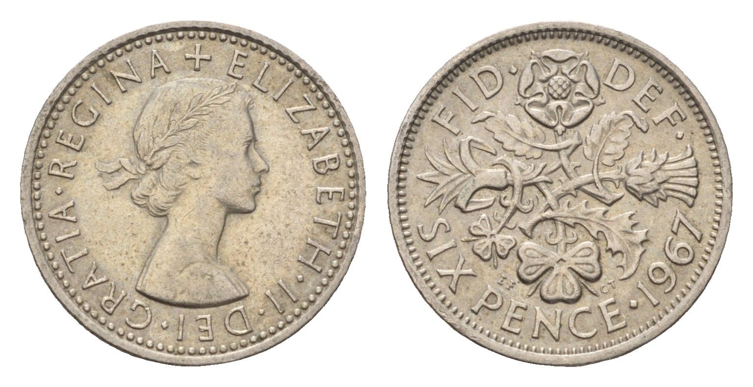 Великобритания 6 пенсов 1967 Елизавета II (1952-2022) KM 903, Spink 4149 медно-никель 4532-661