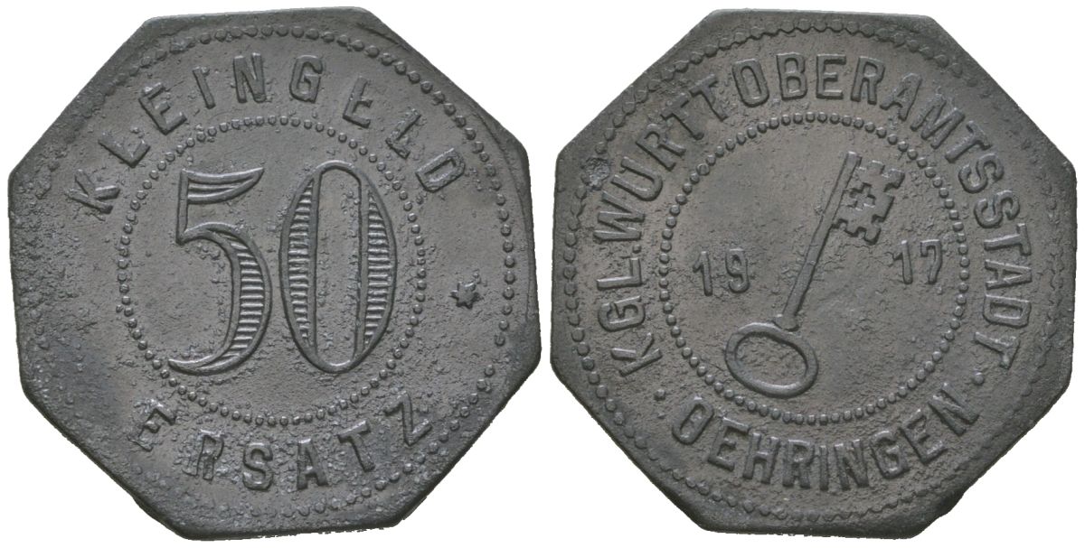 Эринген (Вюртемберг) 50 пфеннингов 1917 Funck 398.3, Men05 19694.3, Men18 24706.3 цинк 1515-335