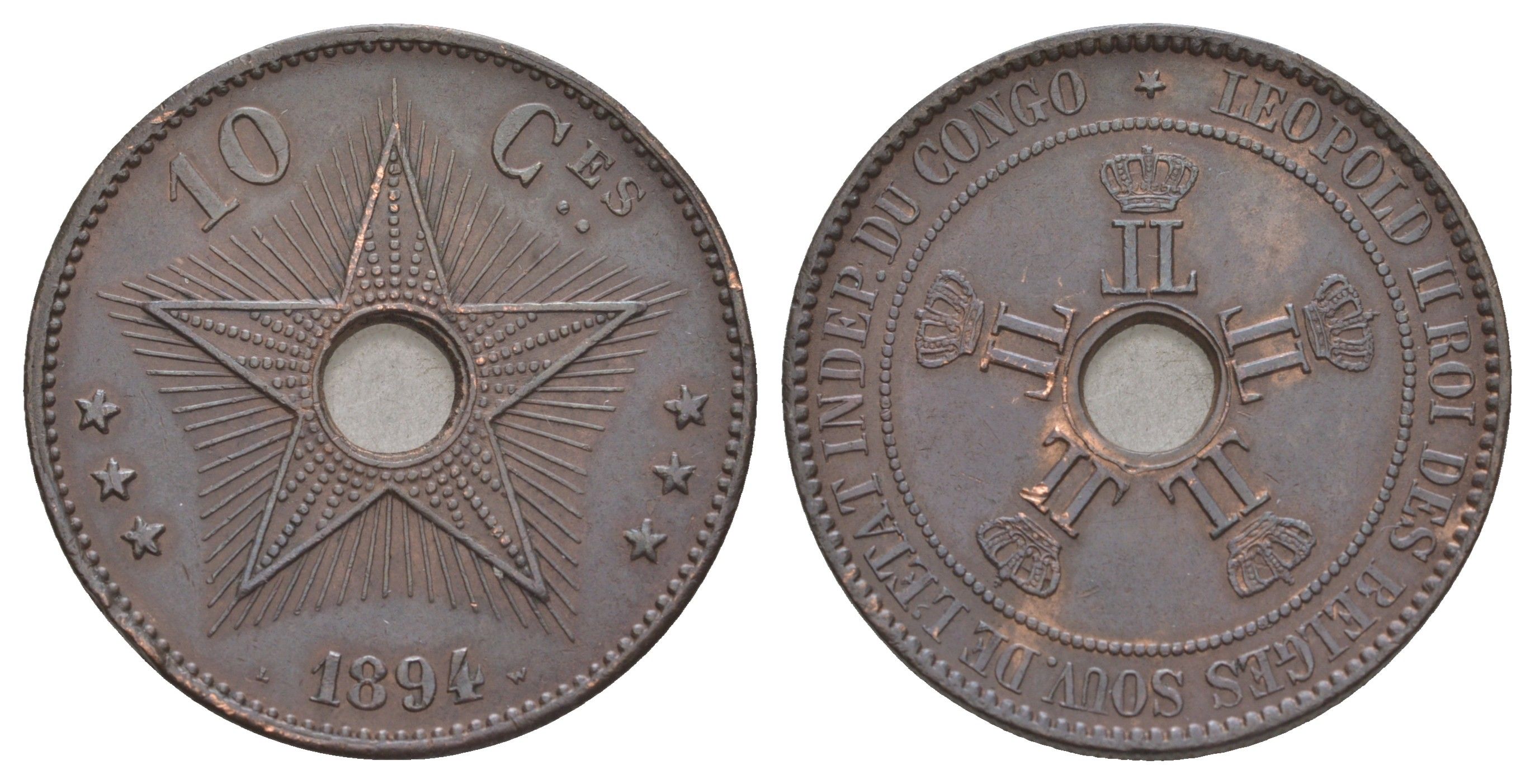 Бельгийское Конго 10 сантимов 1894 Свободное государство Конго KM 4 медь 1519-534