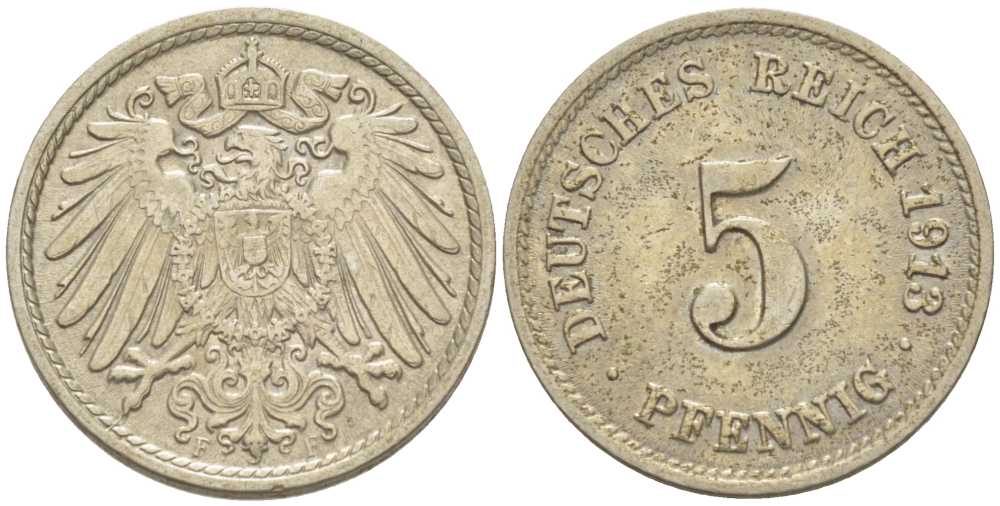 ГЕРМАНИЯ 5 ПФЕННИГОВ 1913 F KM 11, J. 12, Weege 6 медно-никель 206-1017