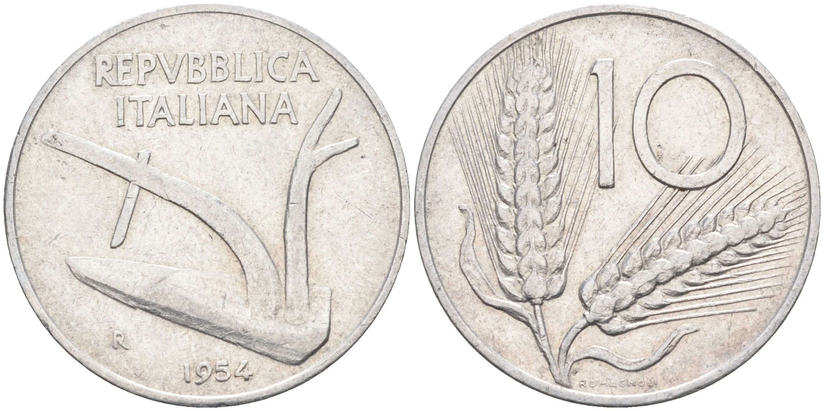 Италия 10 лир 1954 R, плуг KM 93 алюминий    4595-146