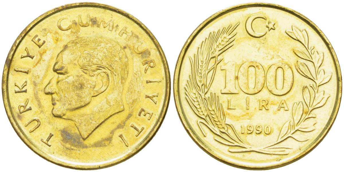 Турция 100 лир 1990 Кемаль Ататюрк KM 988 алюминиевая бронза 4525-615