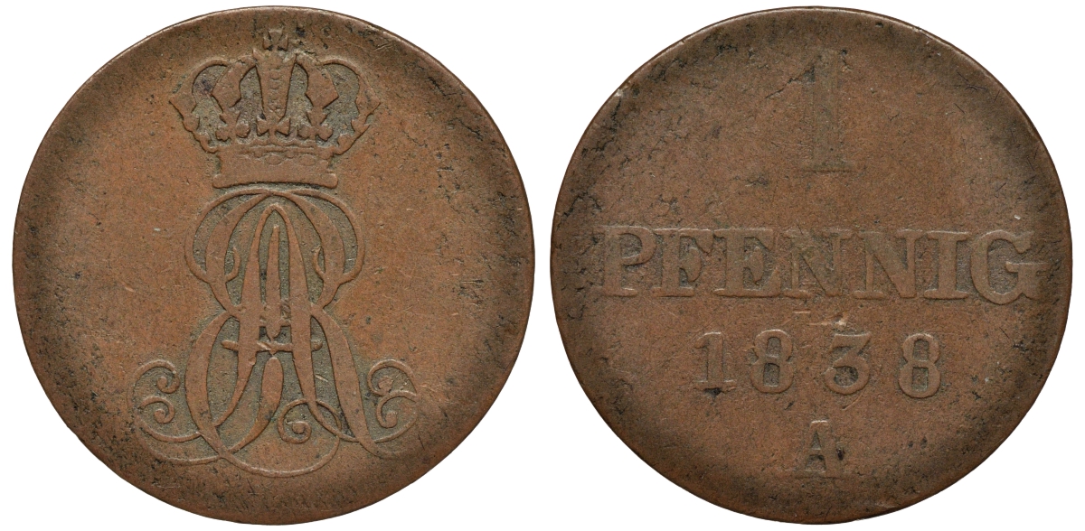 Ганновер 1 пфенниг 1838 A, Эрнст Август (1837-1851) KM 173.1, AKS 126, J. 54 медь 75-529