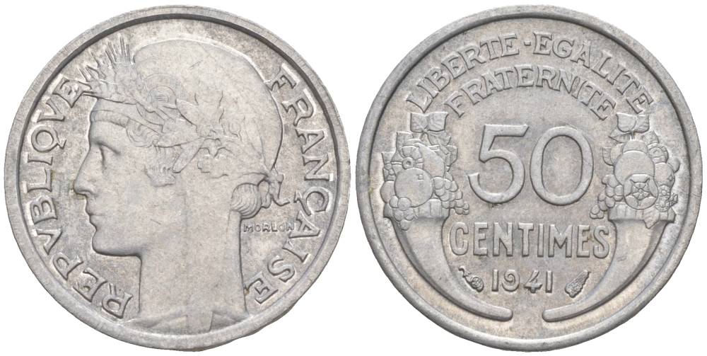 ФРАНЦИЯ 50 САНТИМОВ 1941 ТИП MORLON LOURDE KM 894.1a, LE FRANC 193.2 алюминий 44-225
