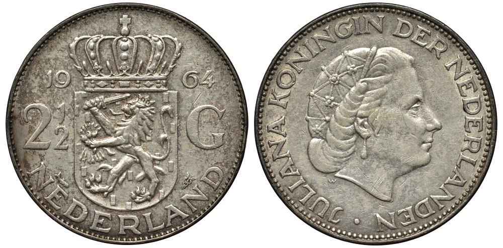 Нидерланды 2 1/2 гульдена 1964 Юлиана (1948-1980) KM 185 серебро 443-412