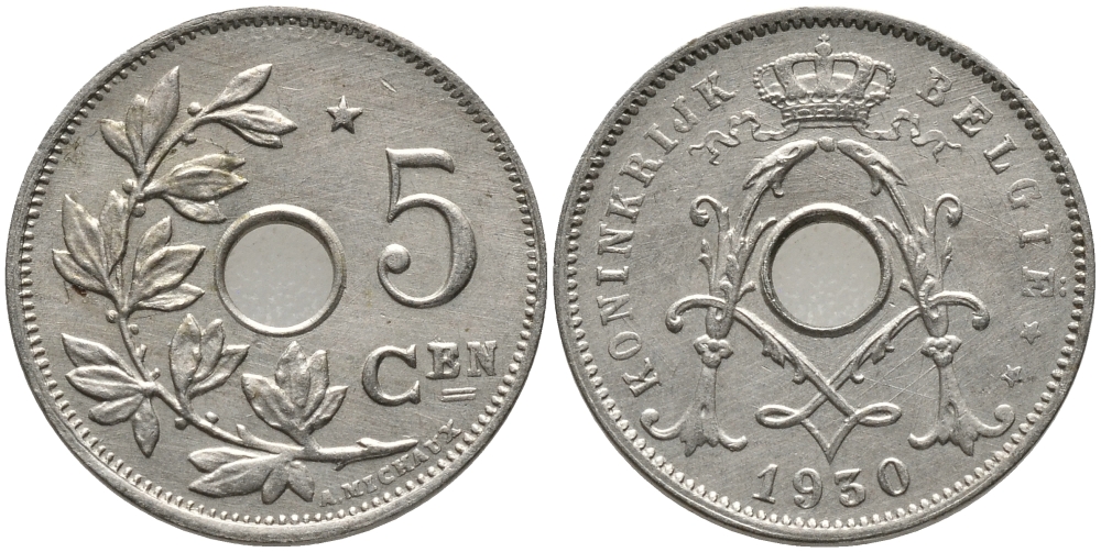 БЕЛЬГИЯ 5 САНТИМОВ 1930 BELGIE KM 94 никель латунь 76-143