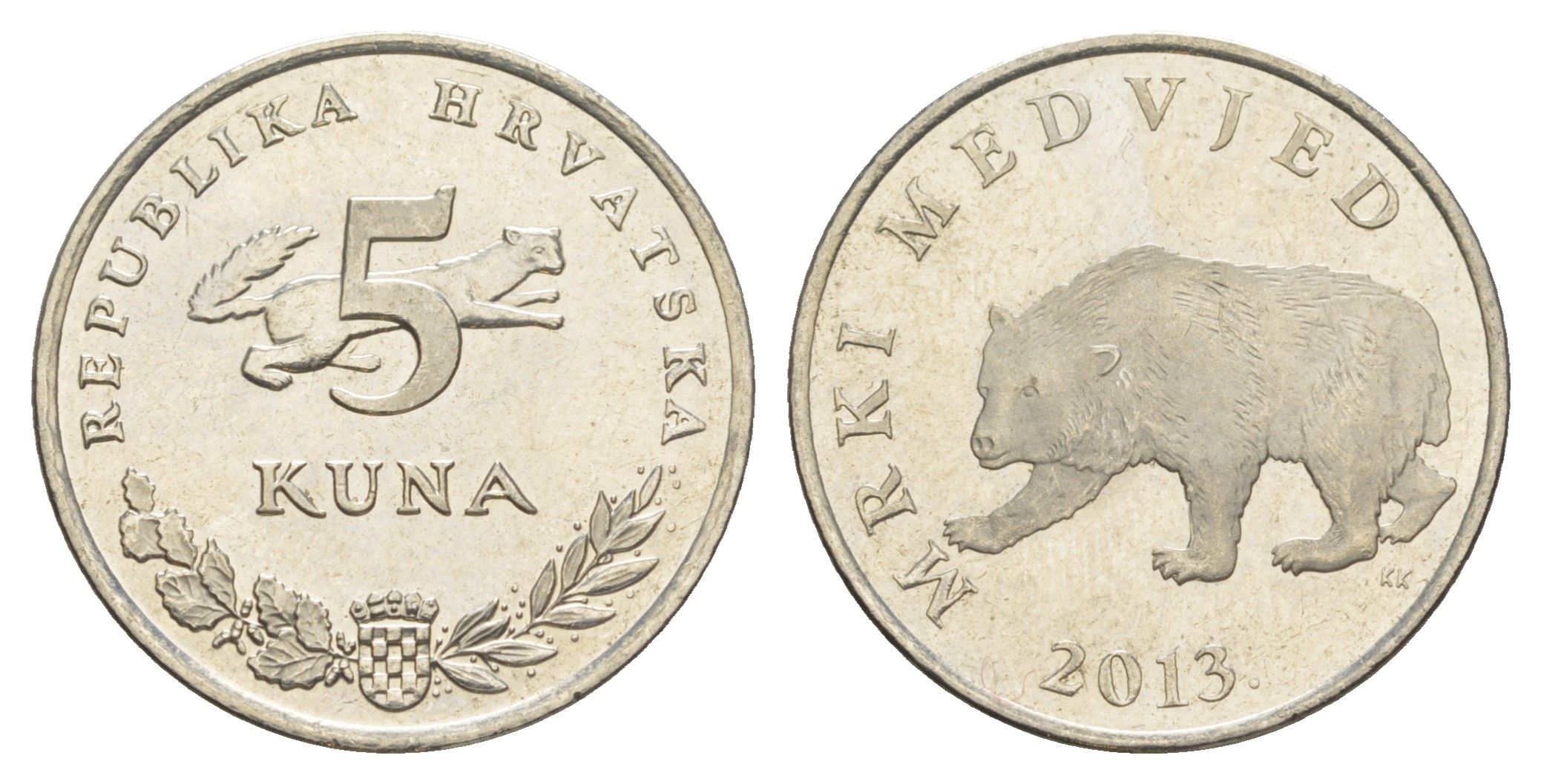 Хорватия 5 кун 2013 бурый медведь, нечетный год KM 11 медь цинк никель UNC 4573-951