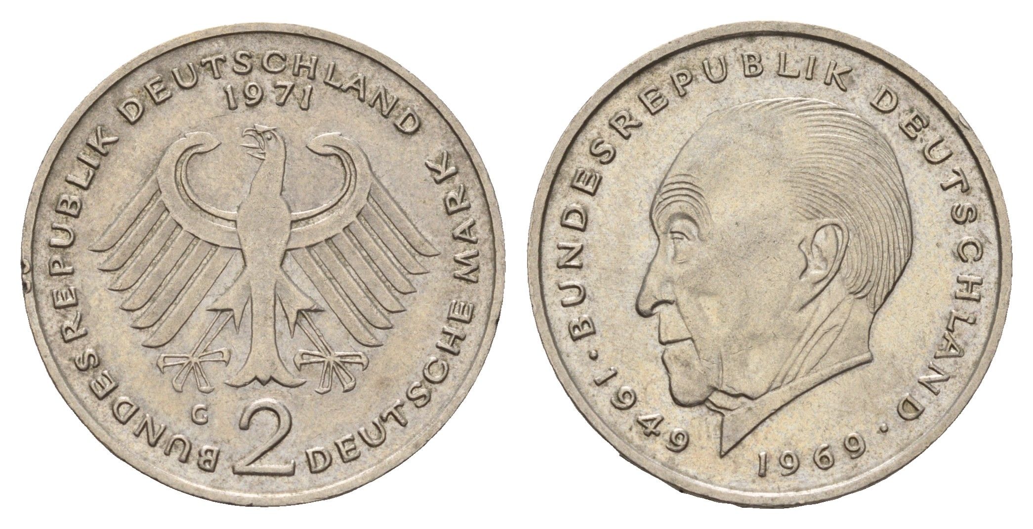 ФРГ 2 марки 1971 G, Конрад Аденауэр KM 124, J. 406 медно-никель 3459-952