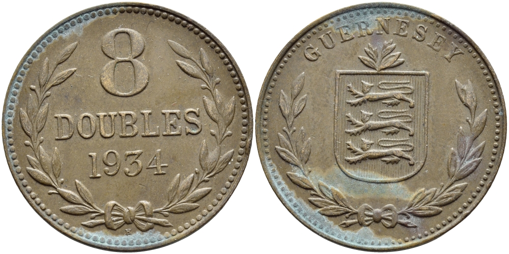 Гернси 8 даблов (дублей) 1934 H KM 14 бронза 4394-1021