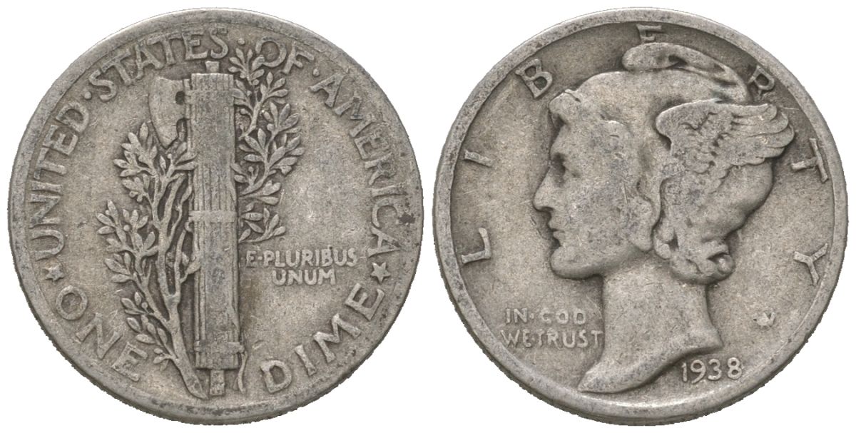 США 10 центов (дайм) 1938 KM 140 серебро 3334-1223