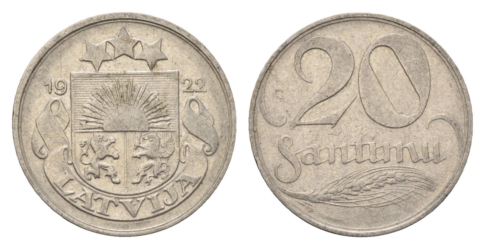 Латвия 20 сантимов 1922 год-тип KM 5 никель 4689-766