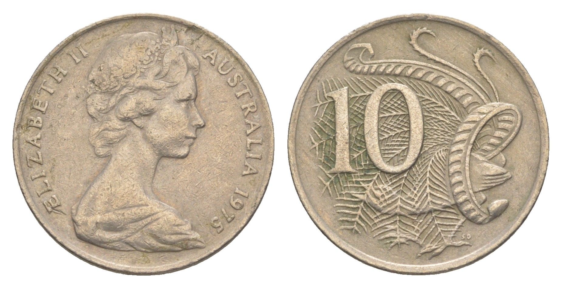 Австралия 10 центов 1975 Елизавета II (1952-2022), птица лирахвост KM 65 медно-никель 4364-421