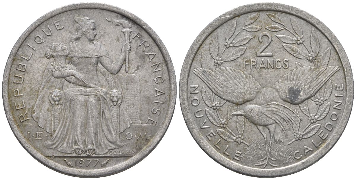 Французская Новая Каледония 2 франка 1977 птица кагу, (IEOM) KM 14, Schoen 11, Lec 58 алюминий    27-433