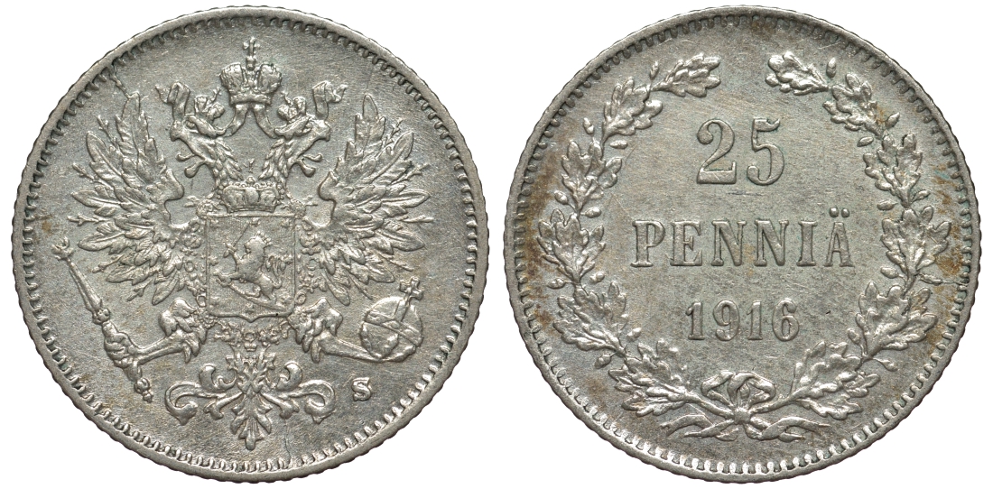 Россия для Финляндии 25 пенни 1916 S, Николай II (1894-1917) KM 6.2, Биткин 421 серебро 75-1355