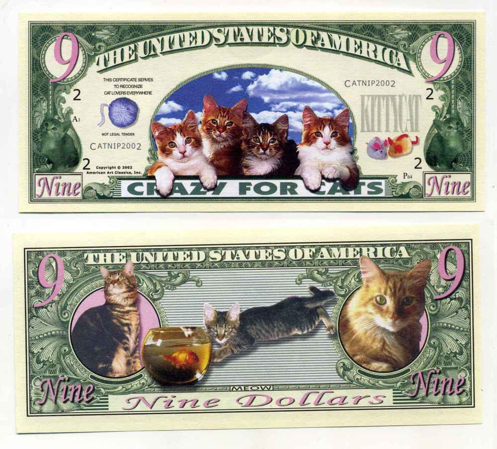 США 9 ДОЛЛАРОВ 2002 СУВЕНИРНАЯ БАНКНОТА, КОШКИ, CRAZY FOR CATS бумага UNC (ПРЕСС) 8588-21-3-2