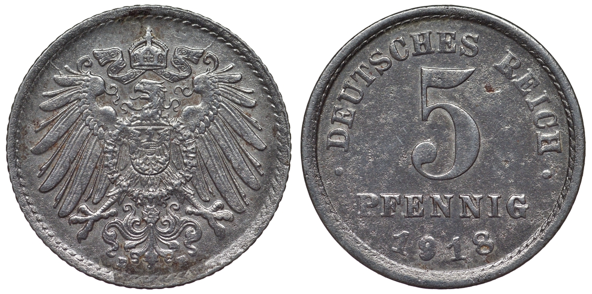 Германия 5 пфеннигов 1918 E KM 19, J. 297, Weege 5 железо 4118-1221