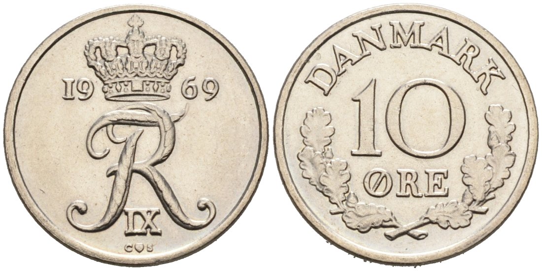 Дания 10 эре 1969 C,S, Фредерик IX (1947-1972) KM 849.1 медно-никель 4564-845