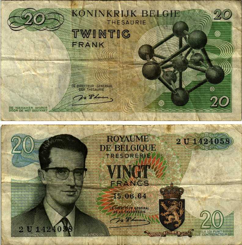 Бельгия 20 франков 1964 Бодуэн I, атомиум, d Haeze Pick 138 (1) бумага 7219-42-3-1