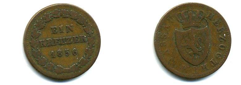 Нассау 1 крейцер 1856 Герцог Адольф (1839-1866) KM 54 медь 45-414