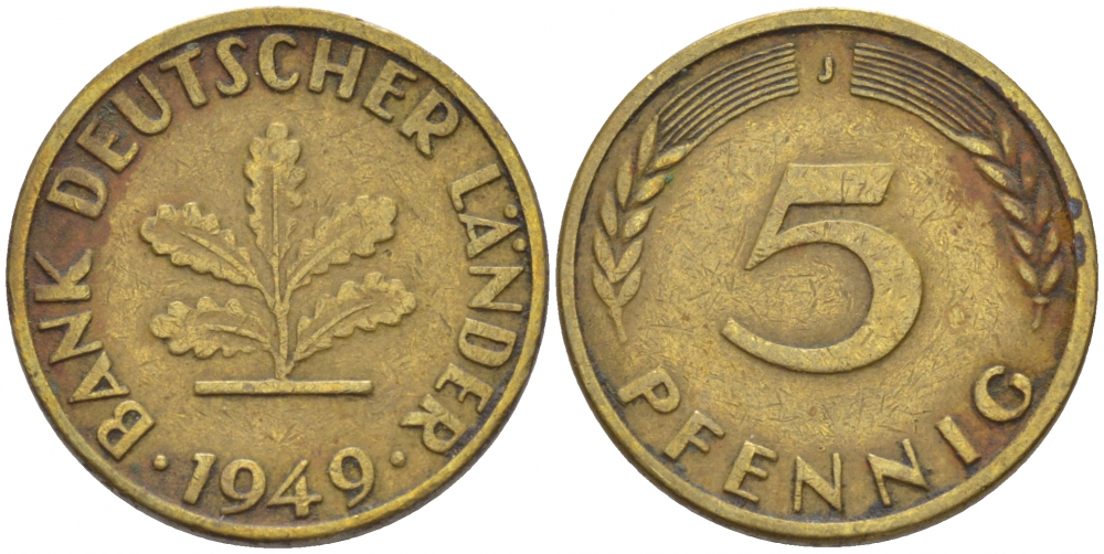 ФРГ 5 ПФЕННИГОВ 1949 J KM 102, J. 377 сталь плакированная латунью 112-933