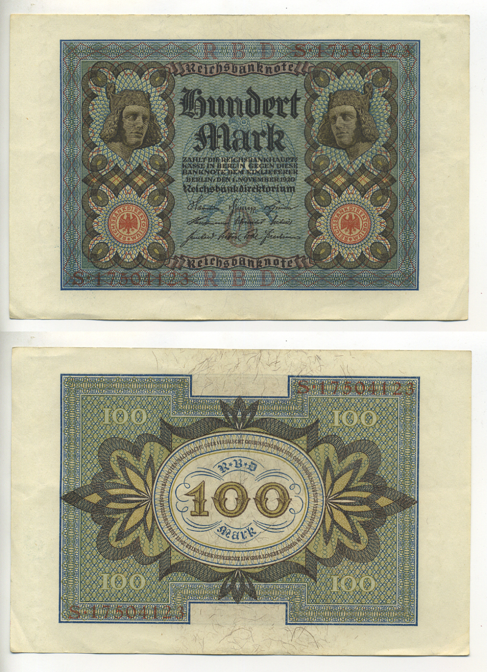 Германия 100 марок 1920 Бамбергский всадник, 8 цифр в номере, серия S, буква O Pick 69 b, Розенберг 67b бумага 7552-44-3