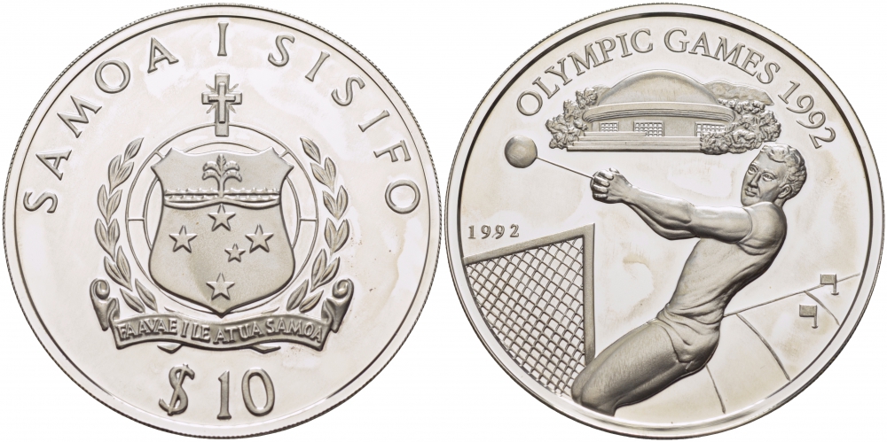 Самоа 10 тала 1992 XXV Олимпийские игры в Барселоне 1992 года, метание молота KM 86 серебро PROOF 04-136-41