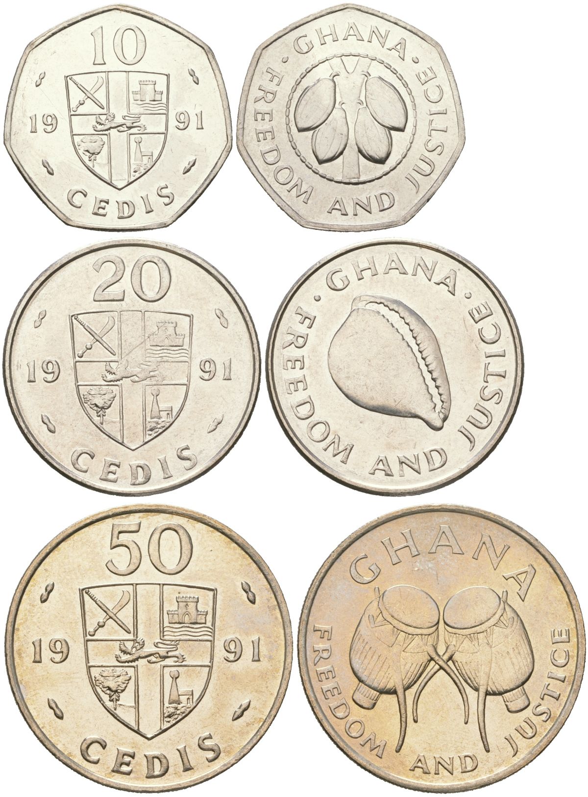 Гана набор из 3 монет (10, 20 и 50 седи) 1991 барабаны KM 29, 30 и 31 медно-никель, сталь плакированная никелем UNC 4612-1114-1115