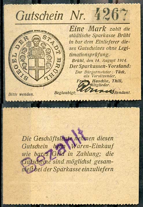 Германия, Брюль 1 марка 1914 нотгельд, 1914/1915 Diessner 52.8.a бумага UNC (пресс) 8614-45-2-2