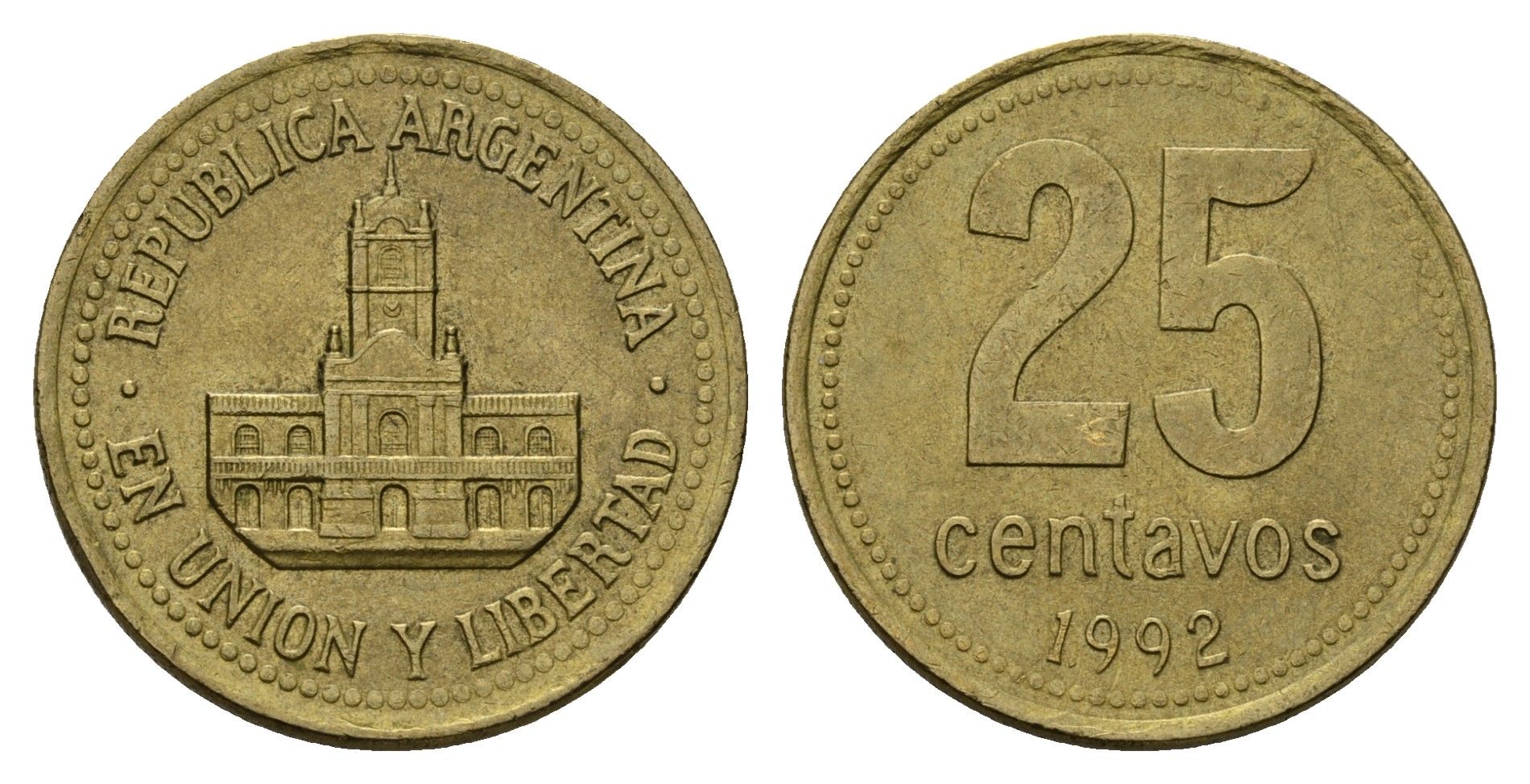 Аргентина 25 сентаво 1992 ратуша Буэнос-Айреса KM 110.1 алюминиевая бронза 4571-714
