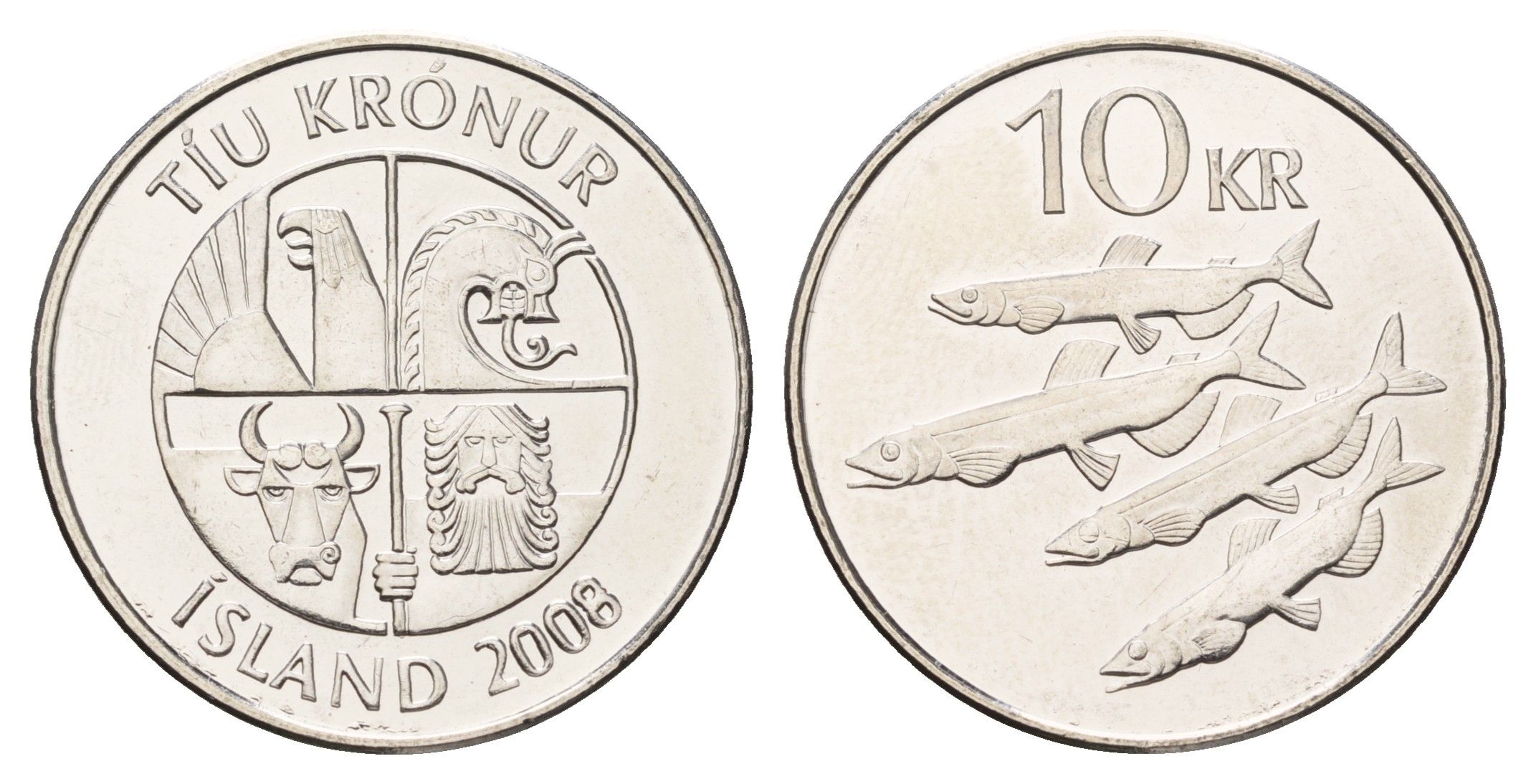 Исландия 10 крон 2008 рыбы KM 29.1a сталь плакированная никелем UNC 4691-316