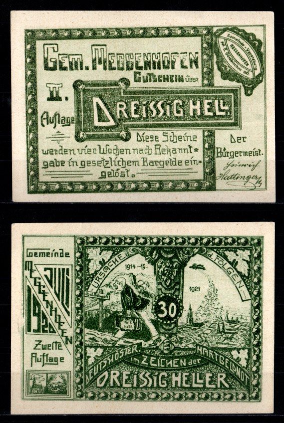 Австрия, Меггенхофен 30 геллеров 1920 Jaksc/Pick 0603-IId-30 бумага 2193-45-1-1